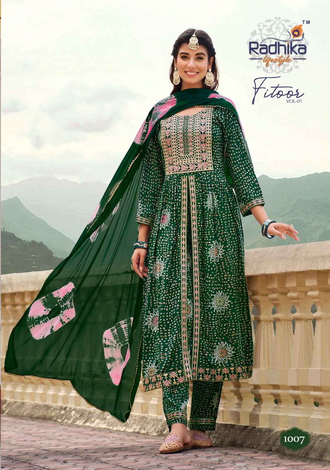 FITOOR REYON LIVA TAG PRINT EMBROIDERY WORK MIDDLE CUT KURTI WITH PANT AND NAZMIN TIE DIE DUPATTA BY RADHIKA LIFESTYLE BRAND 1007